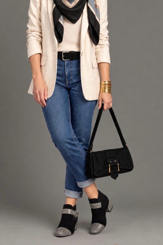 Women's slate gray and pitch black front-buckle ankle boots with round toe and low flared heel - Top view